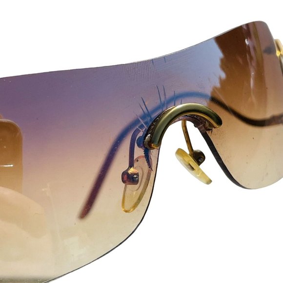 Vintage Damaged Unmarked Rare Sunglasses Gold Tone And Brown Tint Shield Lens - Picture 10 of 16